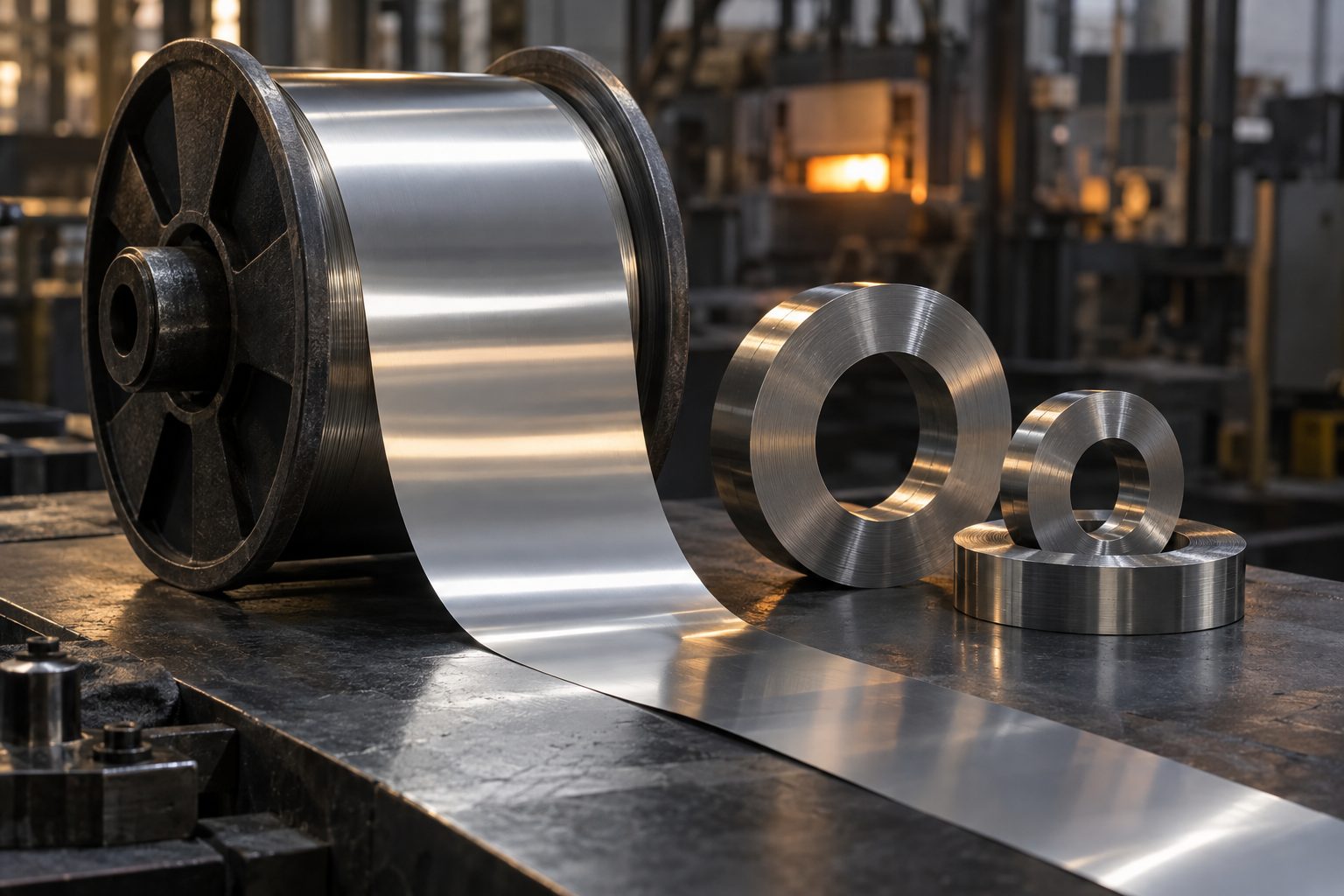 Illustrative image (AI-generated): a spool of bright amorphous metal ribbon and wound ribbon cores on a steel bench.