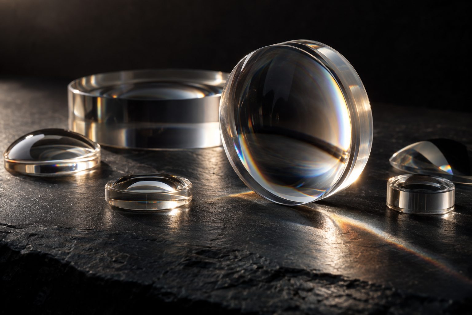 Illustrative image (AI-generated): polished optical glass blanks and lens elements on dark slate.