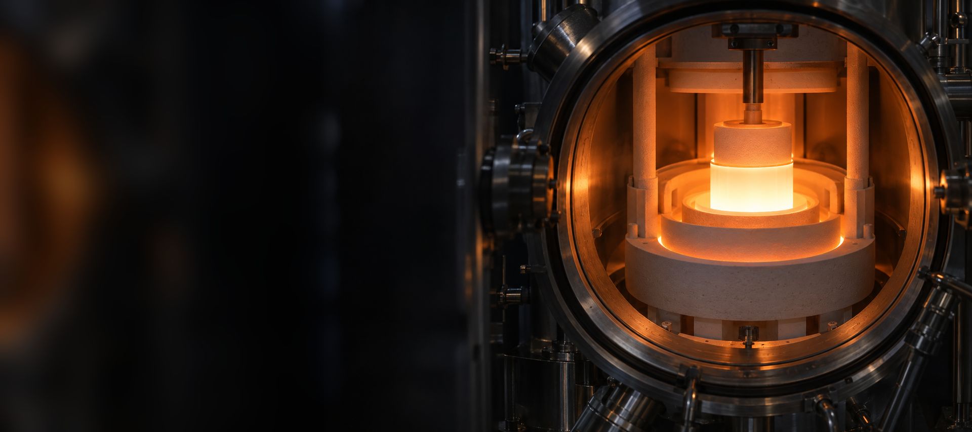 Illustrative image (AI-generated): the glowing hot zone of a crystal-growth furnace lined with white ceramic parts.