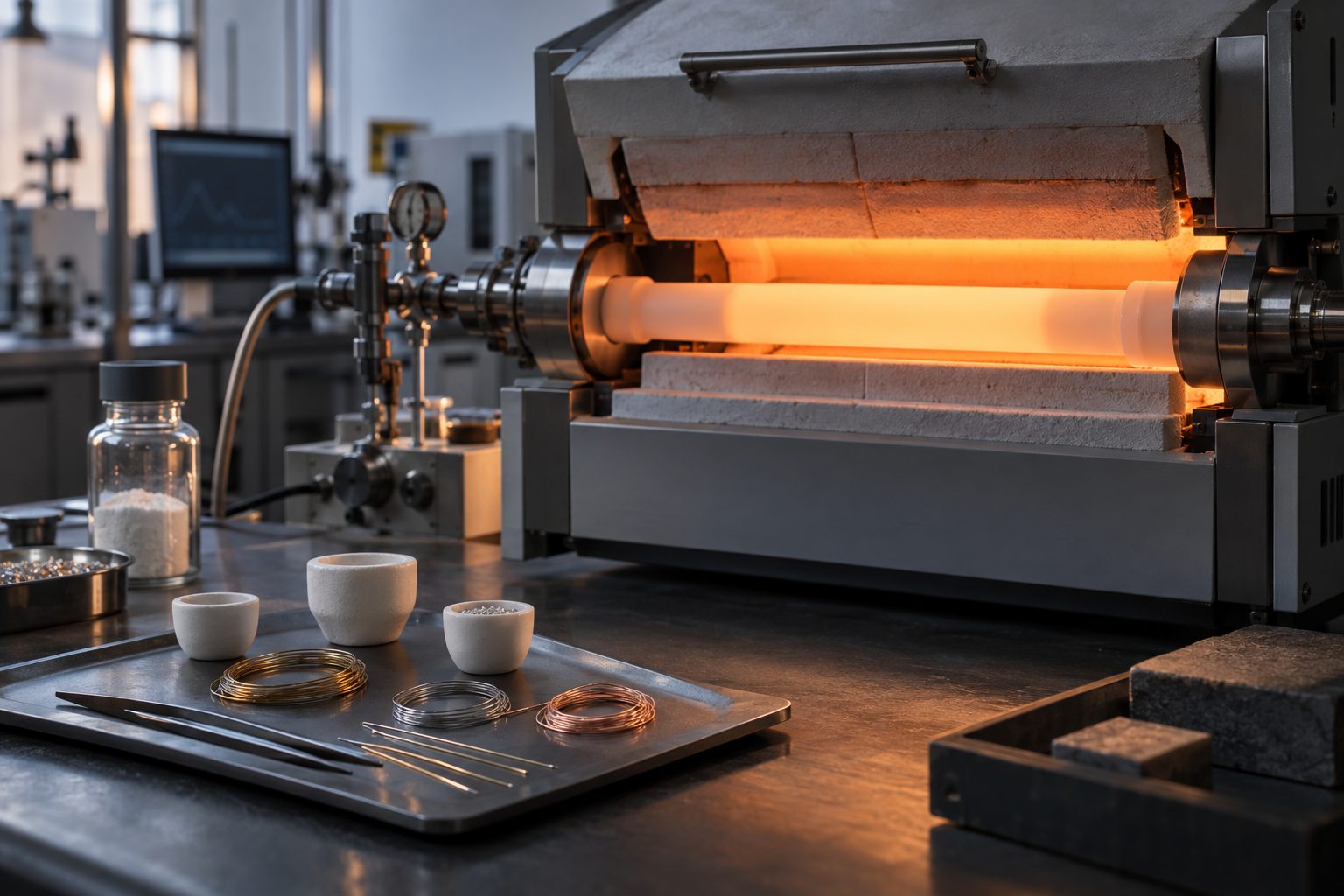 Illustrative image (AI-generated): a laboratory tube furnace glowing orange, with crucibles and fine metal wire samples on the bench.
