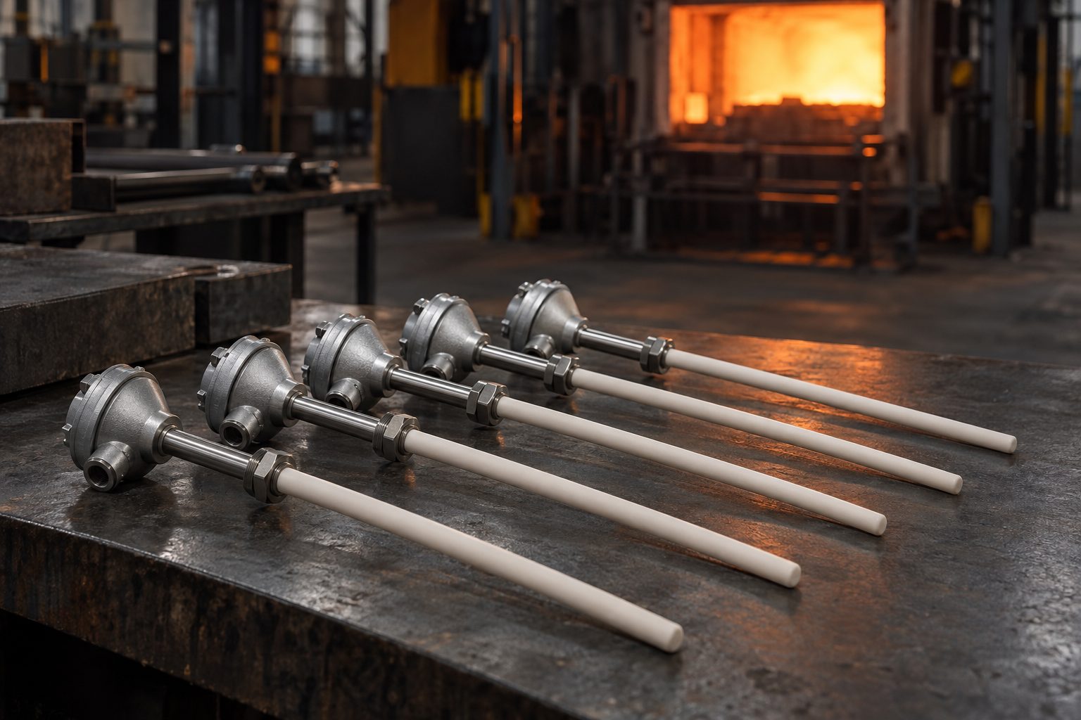 Illustrative image (AI-generated): industrial thermocouple assemblies with white ceramic protection tubes, a glowing furnace behind.