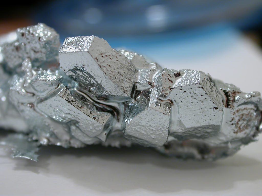 Crystals of high-purity gallium metal.