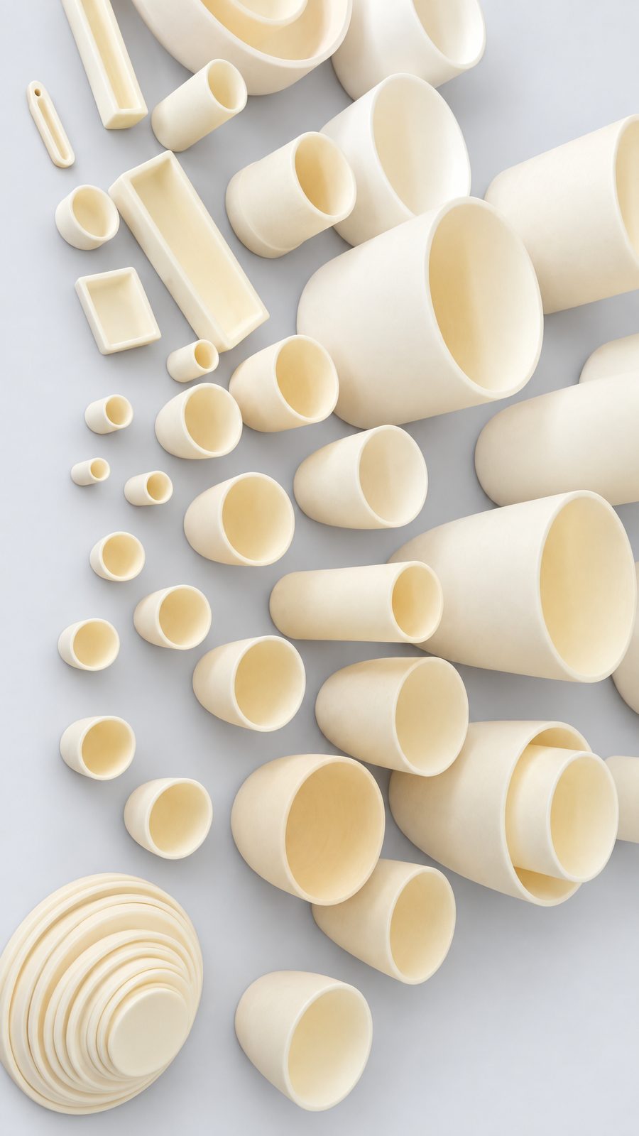 Alumina crucibles and cups in many sizes laid out on a red cloth, from small cups to large cylindrical crucibles.