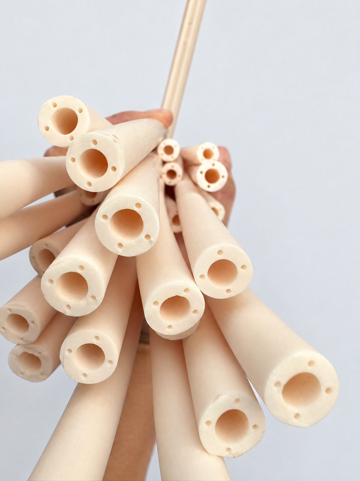 A bundle of thick-walled cream-to-peach tubes held end-on, each with a large central bore and a ring of small holes in the wall.