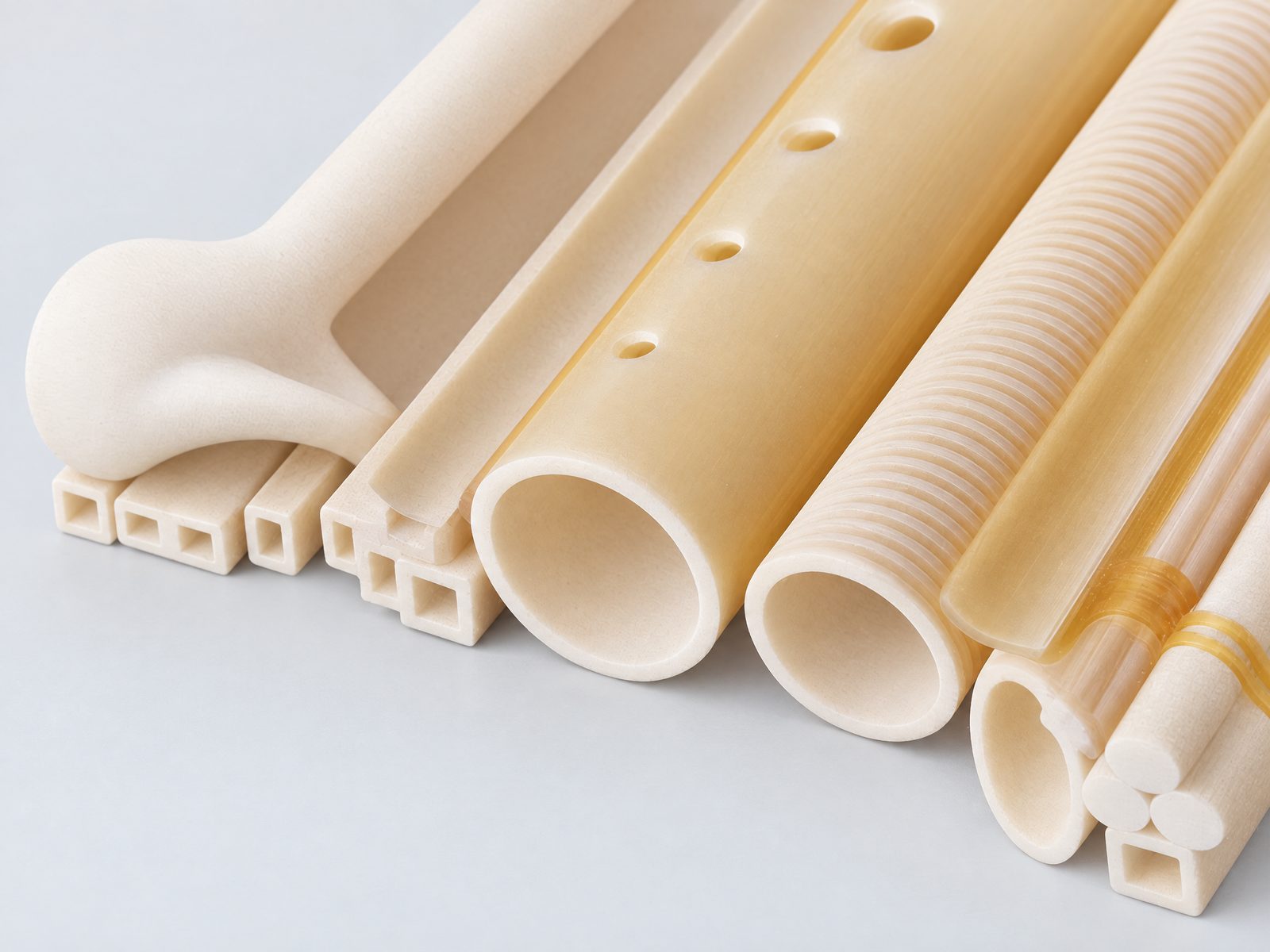 Special alumina tubes on a plain grey background: square tubes, a slotted channel, a tube with a row of side holes, a spiral-grooved tube and round tubes, with a flared part behind.
