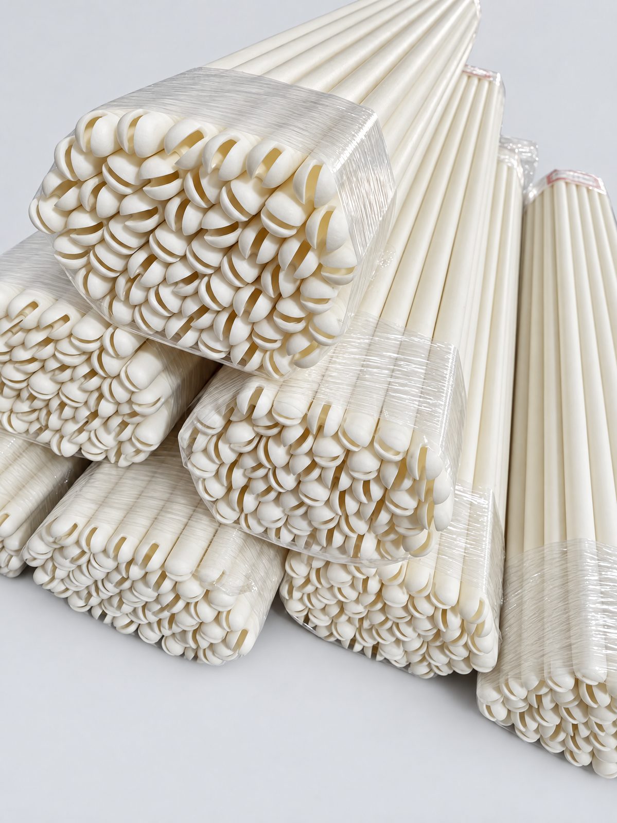 Film-wrapped bundles of ivory closed-end tubes; each domed tip is cut with a single straight slot.