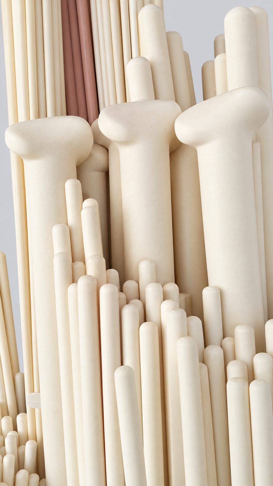 Special-shaped ceramic parts: T-shaped fittings, flanged pieces and rods of several diameters.