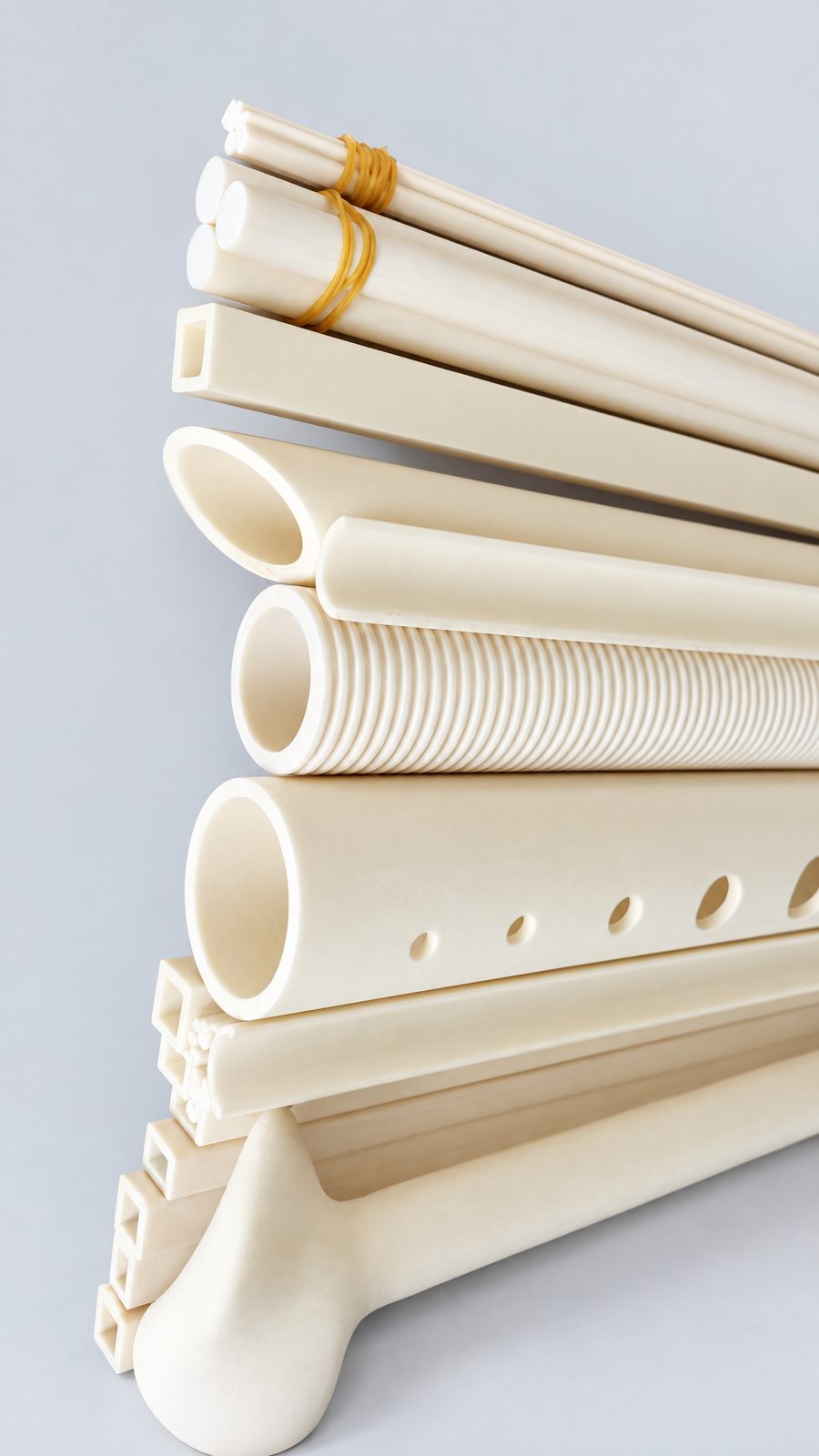 Special ceramic tubes on a red cloth: a spiral-grooved tube, a perforated tube, a split tube and a flanged part.