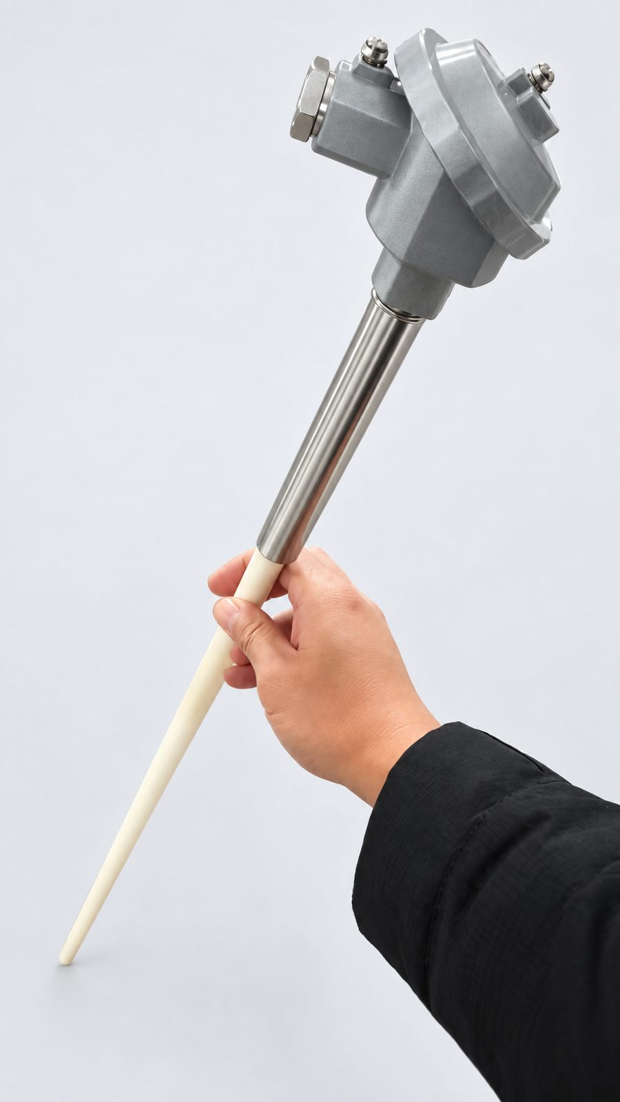 A finished thermocouple held in a hand: a grey connection head on a metal sheath that ends in a long white ceramic protection tube.